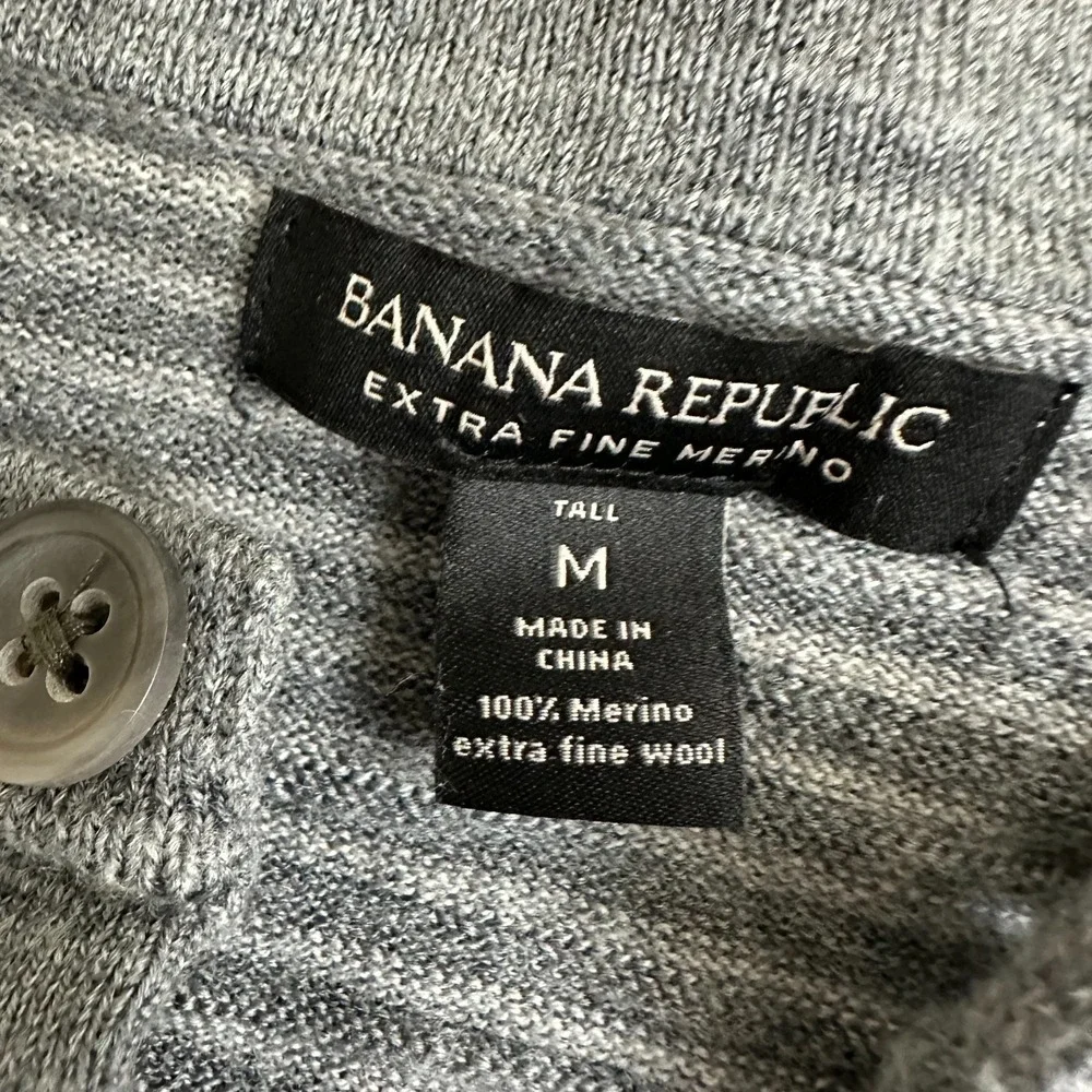 Banana Republic Sweater Gray Striped Merino Wool Henley Neck Mens M Tall Read